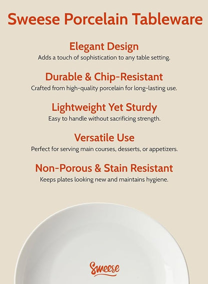 Sweese Porcelain 11 Inch Dinner Plates Set of 6 - White Dinner Plates - Dishwasher, Microwave, Oven Safe, Scratch Resistant