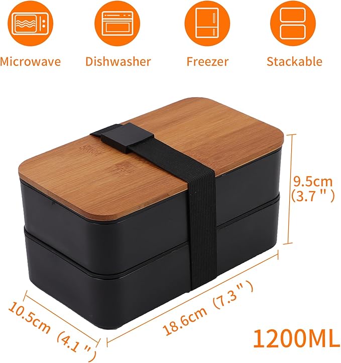Bento Box Adult Lunch Box with lunch bag, Japanese Stackable Lunch Box Containers for Adult, Bento lunch Box with Dividers Black