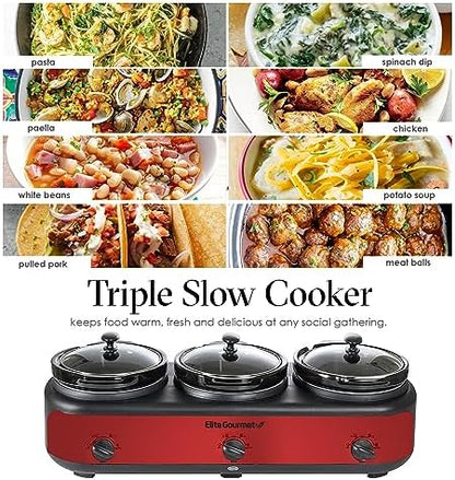 Elite Gourmet EWMST-325R Triple Slow Cooker Buffet Server, 3 x 2.5 Qt, Red
