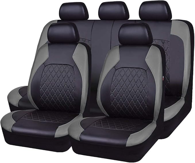 Universal Deluxe Pu Luxury Vinyl Faux Leather Car Seat Covers Full Set, Airbag Compatible, Breathable, Fit for Most Sedans, Vans, SUVs (Black and Gray)