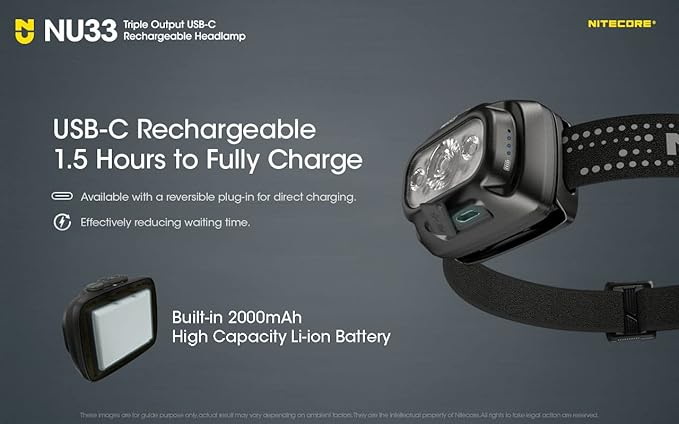 Nitecore NU33 700 Lumen Camping Headlamp, USB-C Rechargeable, Lightweight with White, Red, and Reading LEDs Sticker