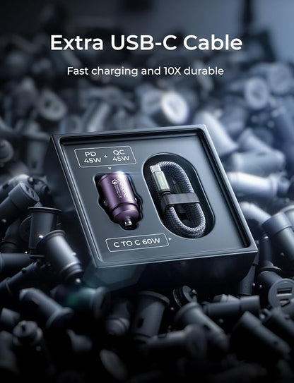 AINOPE 90W Super Fast Car Charger, Invisible USB C 45W Car Charger Fast Charging Type C, [Mini&Metal] Cigarette Lighter USB Adapter Fits Samsung Galaxy S25 Ultra S24 iPhone 16 15 Pro Max Piexl, Purple