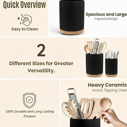 2 Pack Ceramic Utensil Holder, 7.3"+5.4" Large kitchen utensils holder