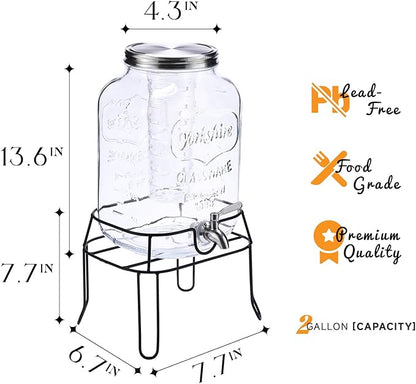 2 Gallon Glass Drink Dispenser, Beverage Dispenser