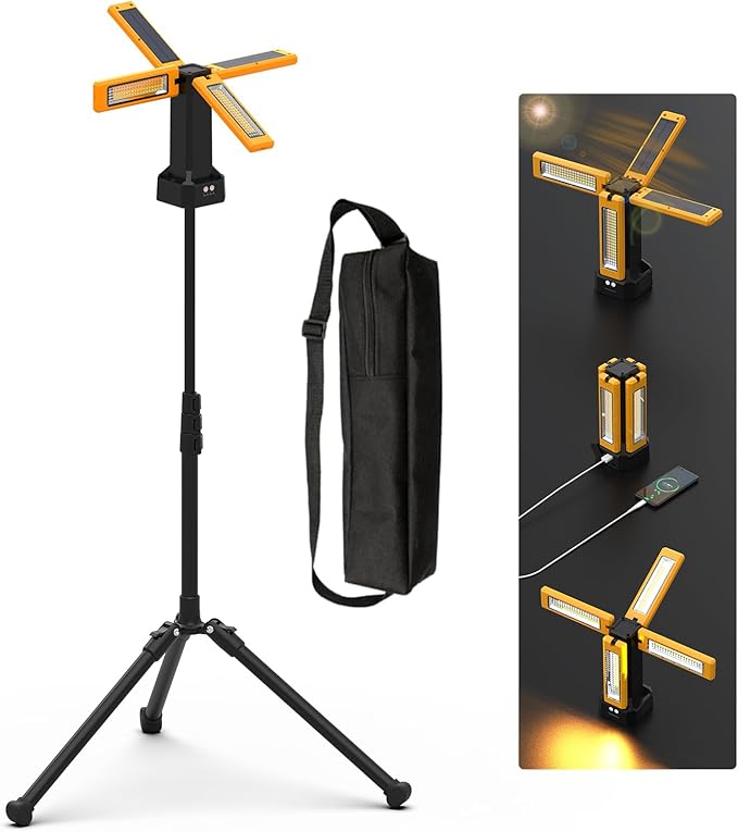13200mAh Rechargeable Solar Work Light,IPX4 Waterproof with Folding Stand Support and Portable Carrying Bag, 8000 Lumen Stepless Dimmable, 4 Lighting Modes, White/Warm/Warm White (Standard)