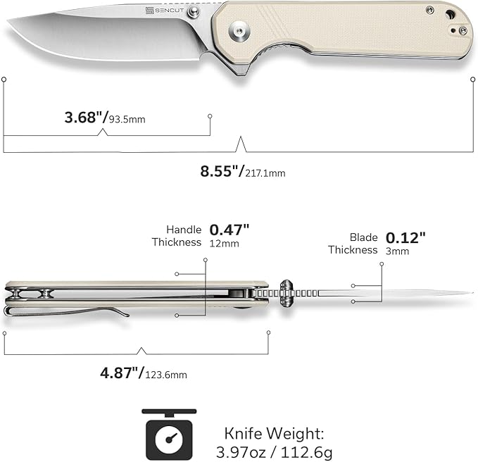 SENCUT Aetheris Pocket Knife, EDC Folding Knife with 3.68'' 9Cr18MoV Blade & G10 Handle, Reversible Clip for Camping Hiking S24095-1 (Ivory)