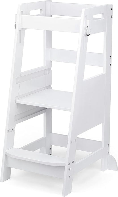 TOETOL Bamboo Toddler Kitchen Step Stool White Helper Standing Tower Height Adjustable with Anti-Slip Protection for Kids Kitchen Counter Learning