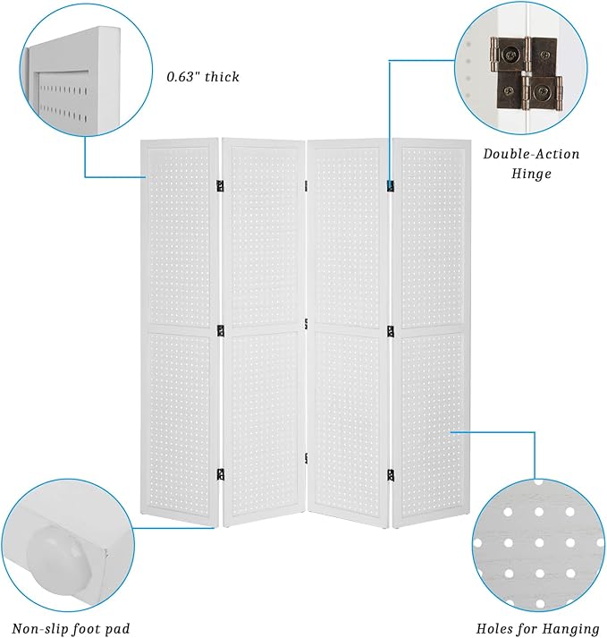 Bonnlo 4 Panel Pegboard Freestanding, 5 FT Portable Display Board Organizer