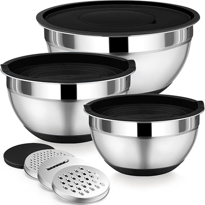 P&P CHEF Mixing Bowl with Lids Set of 3, Stainless Steel Nesting Salad Bowls for Serving Preparing, 3 Grater Attachments & Non-Slip Bottoms, Size 1.5/2.6/4.6 QT, Black