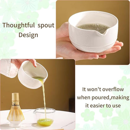 Matcha Tea Set, 5-Piece Ceramic Matcha Bowl & Whisk Kit with Cute Cat Pattern, Traditional Japanese Chawan, Scoop & Sifter, Perfect for Tea Ceremony, Gift for & Tea Lovers (white)