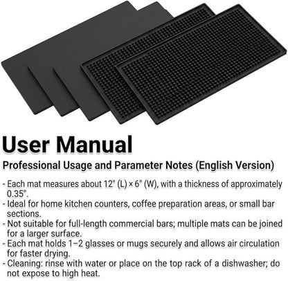 QWORK 12"x6" Black Rubber Bar Mat – 6 Pack Non-Slip Drainage Pad
