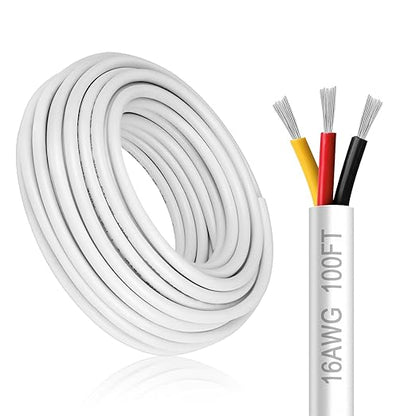 16 Gauge 3 Conductor Electrical Wire, 100FT White Stranded Low Voltage 16/3 PVC