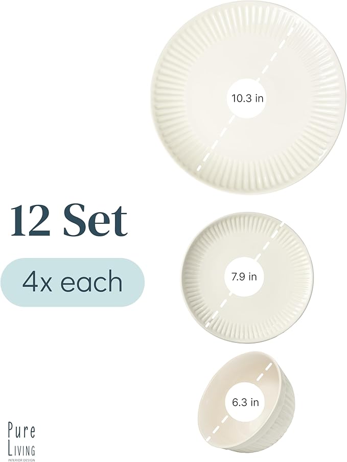 Stoneware Dinnerware Set for 4 People HYGGE 12-Piece - Elegant Scandi Design - Premium Dish Set - Bowl and Plate Set - Tableware for 4 People in a Ribbed Design - Pure Living in Beige