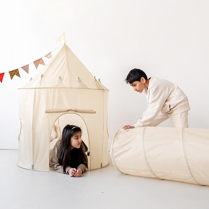 3 Sprouts Kids Play Tunnel - Pop Up Collapsible Tunnels with Recycled Fabric - Fun Crawling Tunnel for Toddler, Baby, Children to Crawl Through, Gross Motor Toy for Indoor Play - Beige