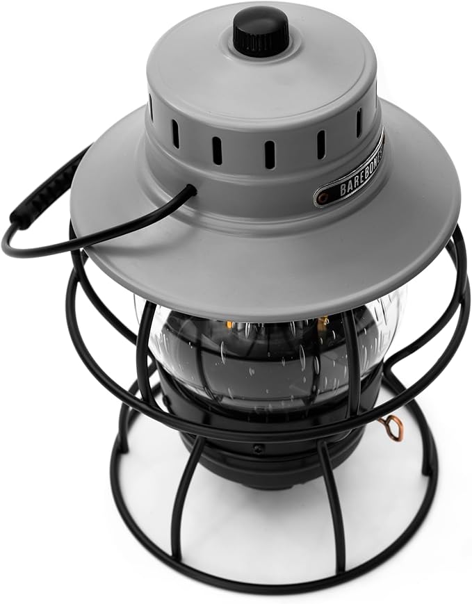 Barebones Railroad Lantern ??State Gray, Vintage-Inspired LED Camping Lantern with Rechargeable Battery ??Adjustable Brightness Outdoor Light for Camping Gear, Backyard, and Home Decor