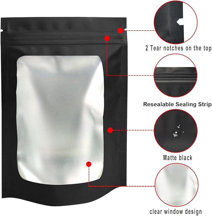 STUs 100 Pack Stand-Up Mylar Bags 3.1 x 5.1 Inch Resealable Smell Proof Bags with Clear Window Foil Pouch Bags Flat Bag Matte Black