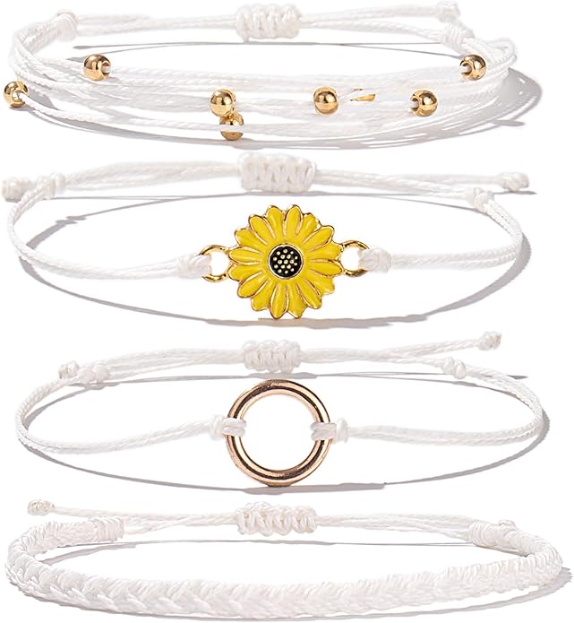 FANCY SHINY Sunflower String Bracelet Boho Braided Rope Wrap Bracelets Cute Summer Beach Surfer Jewelry for Women Christmas Gifts