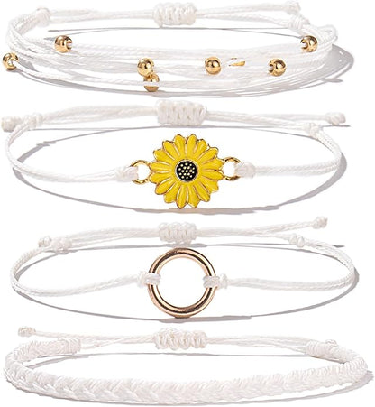 FANCY SHINY Sunflower String Bracelet Boho Braided Rope Wrap Bracelets Cute Summer Beach Surfer Jewelry for Women Christmas Gifts