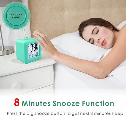 Plumeet Digital Alarm Clock Kids Clock with Snooze and White Nightlight - Easy Setting Travel Alarm Clocks Display Time, Date, Alarm - Ascending Sound - Battery Powered (Cyan)