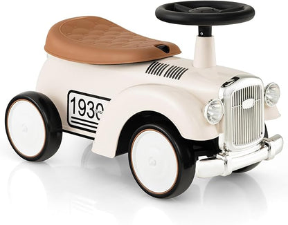 HONEY JOY Ride On Push Car, Outdoor Toddler Riding Toys w/Steering Wheel, Horn & Storage, Foot-to-Floor Sliding Car, No Batteries, Retro Baby Ride On Toys for Boys and Girls (White)