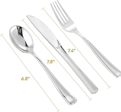 FOCUSLINE 300 Pack Silver Plastic Cutlery Set - 100 Forks, 100 Knives, 100 Spoons - Disposable Flatware Heavy Duty Plastic Silverware Set for Catering, Parties, Dinners, Weddings