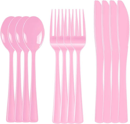 300 Pack Pink Disposable Plastic Silverware Heavy Duty, Plastic Cutlery Set,Forks and Spoons Knives Set for Birthday Party Prom Night, Weddings