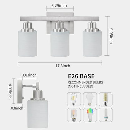 DIKAIDA 3-Light Bathroom Light Fixtures, Nickel Vanity Light, Modern Bathroom