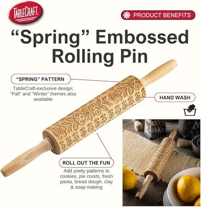 TableCraft Embossed Beech Wood Rolling Pin – 15.25 Inches, Spring Floral Imprint