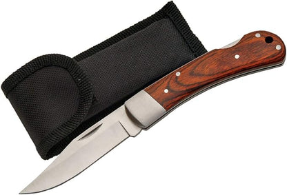 SZCO 4" Lockback Folding Pocket Knife for Men with Wood Handle, Stainless Steel Blade, Single Bolster & Sheath Included ??Compact EDC Knife for Camping, Hunting & Outdoor