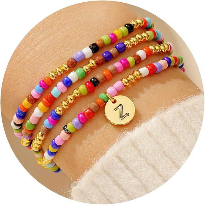 Turandoss 4PCS Colorful Beaded Initial Bracelets for Women Teen Girls - Cute Stretch Beaded Bohemian Disc Initial A-Z Stackable Bracelets Jewelry for Girls Women Teens Birthday Gifts