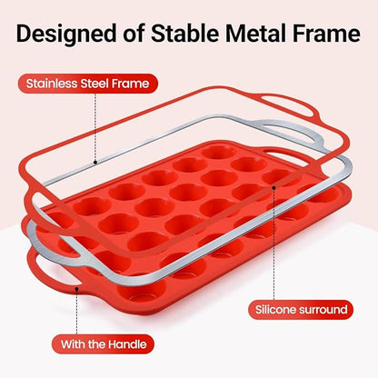CAKETIME Silicone Mini Muffin Pan, Metal Reinforced Frame 24 Cups Mini Muffin