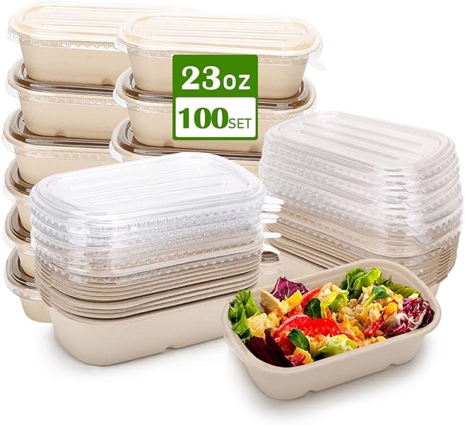 100 Pack 23 Oz Disposable Meal Prep Containers with Lids, Rectangle Paper Bowls with Lids for Salad,Leftovers, Leak-proof To Go Food Box Cardboard Lunch Box Compostable Take Out Food Containers