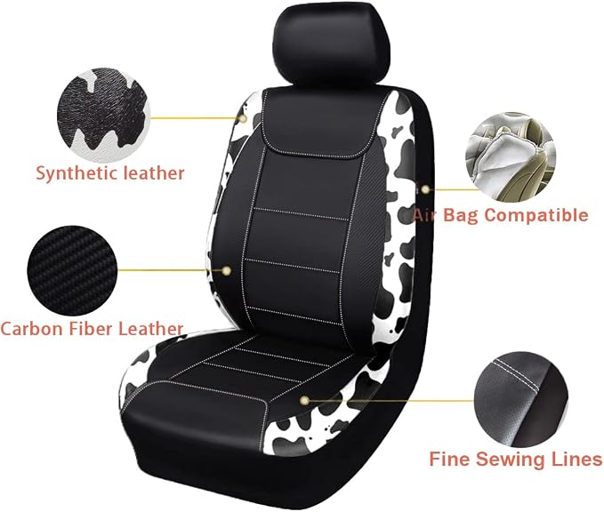Flying Banner car seat Covers Protects Water Proof Faux Leather Carbon Fiber Front and Rear Bench (Cow Black, Full Set - 8PCS)