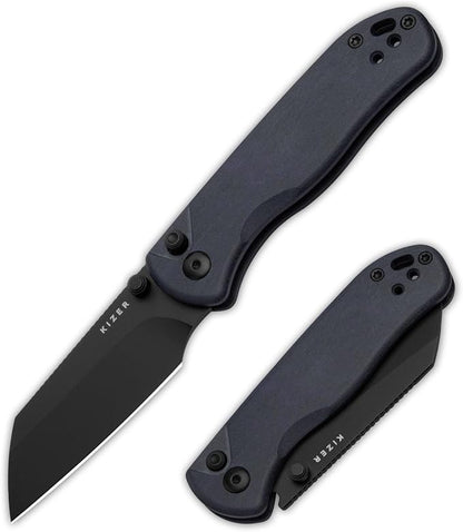 Kizer Drop Bear 2 Pocket Knife, 2.96" Nitro-V Sheepsfoot Blade Folding Knife with Blue Richlite Handle, Button Liner Lock EDC Knives with Jimping on Spine for Men Women V3619.2CS1