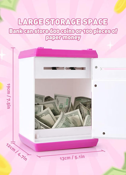 Piggy Bank for Girls Boys Large Electronic Money Coin Banks with Password Protection, Automatic Paper Money Scroll Saving Box, Great Gift for Kids (Pink-White)