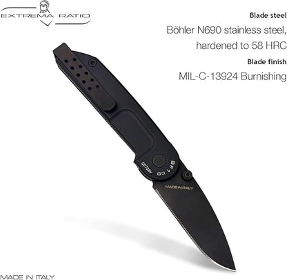 Extrema Ratio - BF1 CD (BLACK), Folding Knife, Böhler N690 steel blade hardened to 58 HRC, burnished finish, anticorodal aluminum handle with smooth grip, compact design, reversible clip
