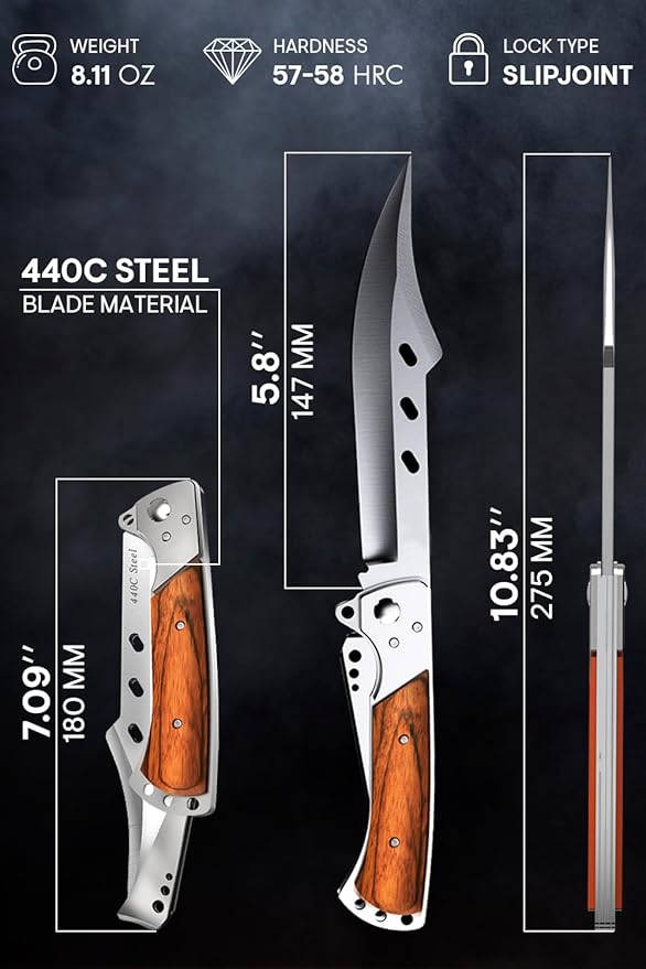 Grand Way Long Blade Folding Knife - Sharp Hunting Hiking Camping Tactical Survival Work Knives for Men Women - Foldable Large Knife with Rosewood Handle - Stocking Stuffers Gifts 4172