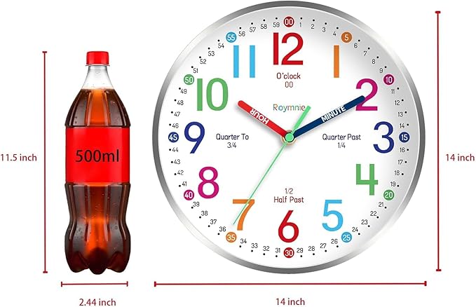 14 Inch Wall Clock for Kids Learning to Tell Time, Modern Silent Battery Operated Teaching Clock, Ideal Gift for Kids Room School