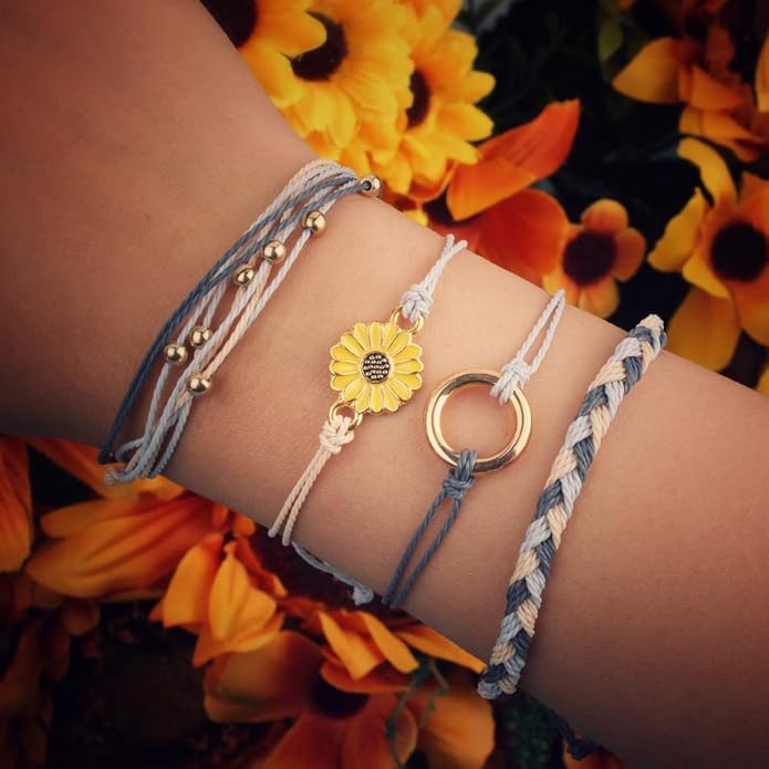 FANCY SHINY Sunflower String Bracelet Boho Braided Rope Wrap Bracelets Cute Summer Beach Surfer Jewelry for Women Christmas Gifts