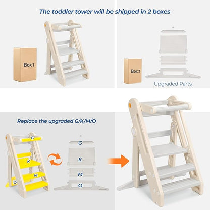 Onasti Toddler Tower Kitchen Stool Helper, Foldable & Adjustable Height Kids Learning Stool for Kitchen Counter Bathroom Sink, Child Ladder for Toddlers with Handles, Safty Rail, Non-Slip Pads-Grey