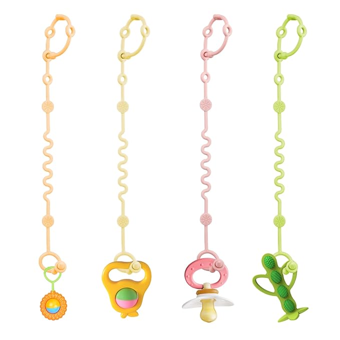Toy Straps for Baby, Adjustable Toy Holder for Stroller Accessories, Silicone Tether Pacifier Clip, No Throw Travel Essential Leash for High Chair, Car Seat (4 Pack Macaron)