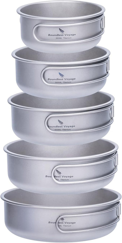 Boundless Voyage Titanium Bowls Dishes Set with Folding Handle Lightweight Portable Plates Saucers Tableware for Outdoor Camping Hiking Backpacking Ti1096T
