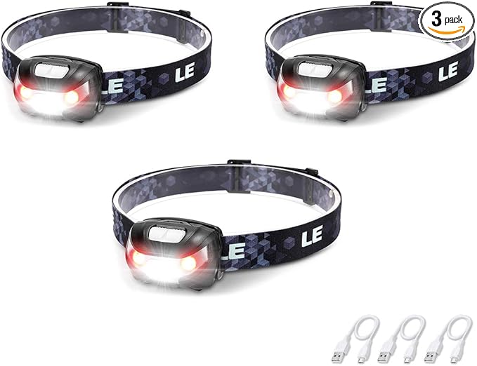 Lepro LED Headlamp Rechargeable 3 Packs - Super Bright Head Lamp with 5 Modes for Camping & Hiking Gear Essentials, IPX4 Waterproof Headlight Flashlight with Red Light, USB Cable Included