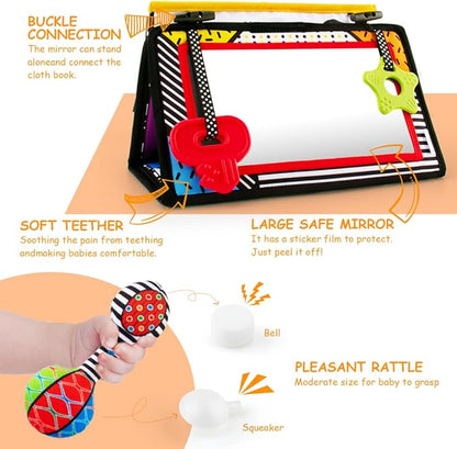 3-in-1 Tummy Time Mirror with Soft Crinkle 3D Activity Book, Teethers, Rattle - High Contrast Black and White Montessori Baby Crawling Toys Developmental Newborn Infant Sensory Toys Gift 0-12 Months