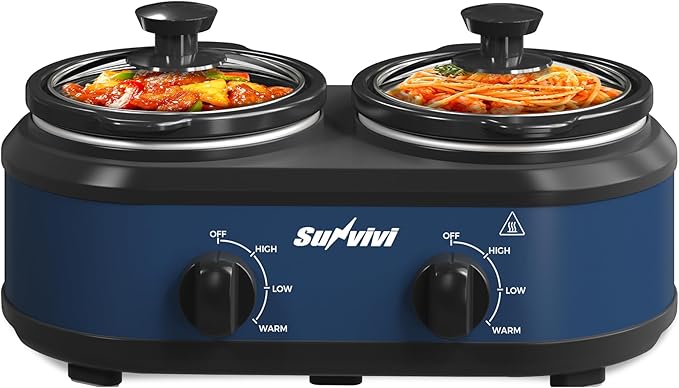 Sunvivi Double Slow Cooker, 2 Removable Pots Small Mini Crock Buffet Server and