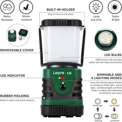Lighting EVER 1000LM LED Camping Lantern Rechargeable, 4400mAh Power Bank, Camping Essential with 4 Light Modes, IP44 Waterproof Lantern Flashlight for Hurricane Emergency, Hiking, USB Cable Included