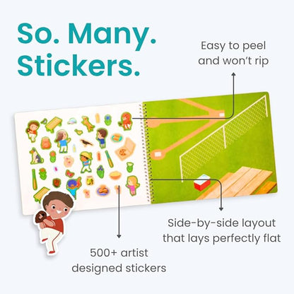 CUPKIN Sticker Book for Kids 2-4, 500+ Kids Stickers, All Kinds of Sports 12 Coloring Pages 12 Side by Side Scenes Fun Toddler Travel Activity Coloring and Sticker Books for Ages 4-8 + 8-10