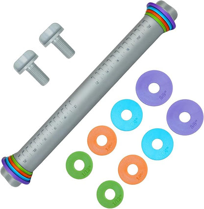 Adjustable Rolling Pin with Thickness Rings, 12.8" Silicone Non Stick Dough
