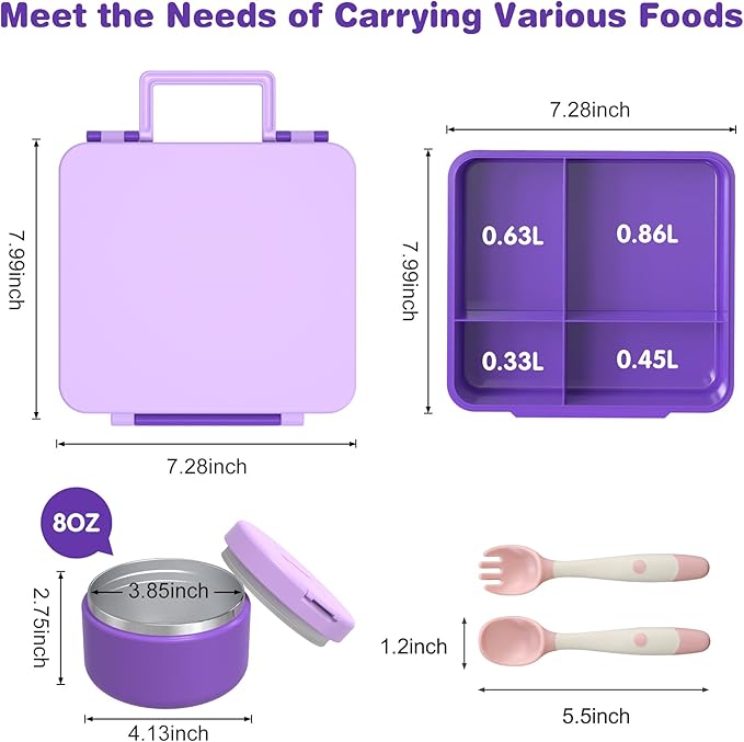 Bento Lunch Box with 8oz Soup Thermo, Kids Leakproof Lunch Food Containers with 4 Compartment, Kids Thermo Insulated Hot Food Jar for School, Trvael (Purple)