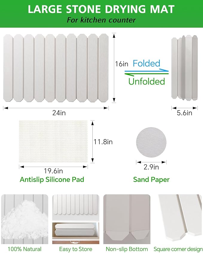White Stone Drying Mat for Kitchen Counter, Diatomaceous Dish Drying Mat 16x24